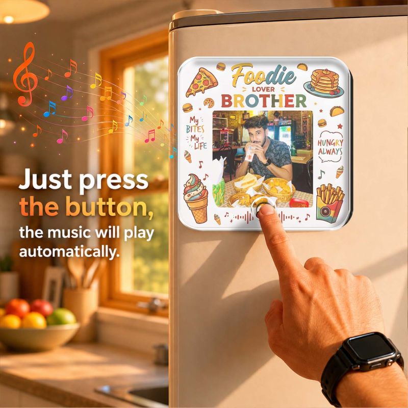 Personalized Foodie Lover Brother Musical Fridge Magnet Modern Gifting Item | Rechargeable Sound Magnet Funny Gift for Bhai Food Lover Bhai Gift for Food Enthusiast